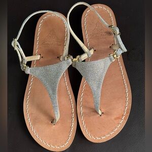 Italian Leather Metallic Silver T-Strap Sandals for Women